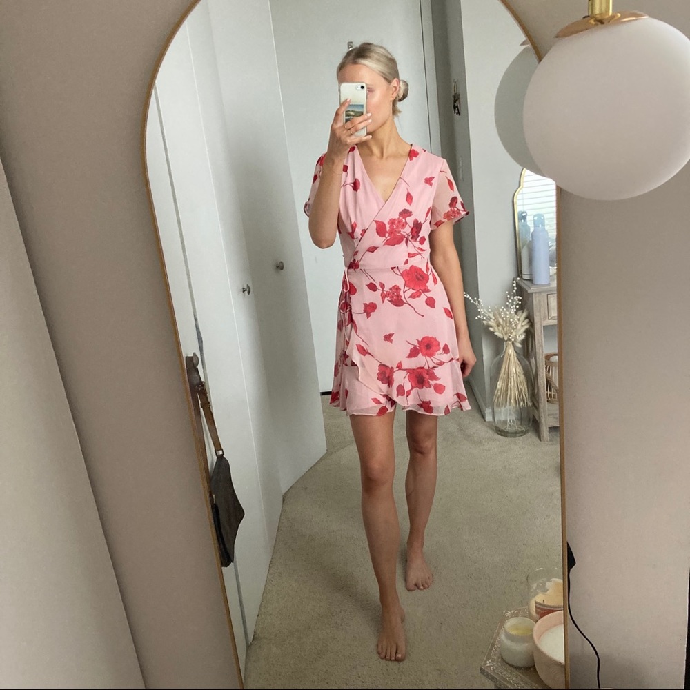 Pink floral wrap dress - size xs